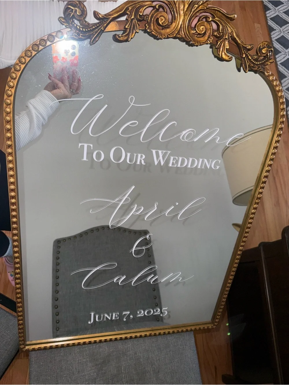 Gold Ornate Framed Wedding Welcome Mirror - Personalized White Script